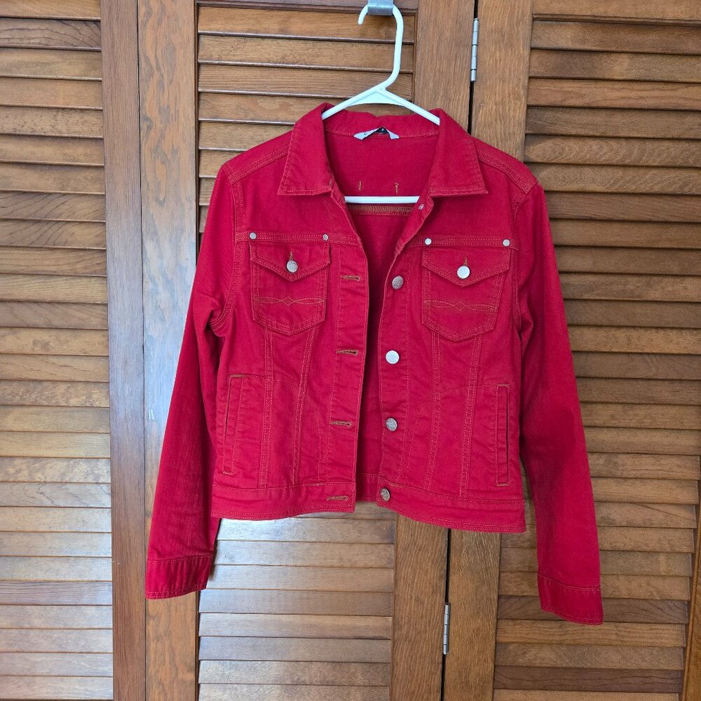 CABI Womens Red Denim Jacket Button Up 4 pockets Size Small